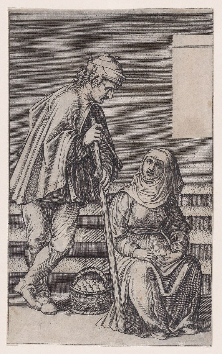 Peasant and a Woman with Eggs, Agostino Veneziano (Agostino dei Musi) (Italian, Venice ca. 1490–after 1536 Rome), Engraving