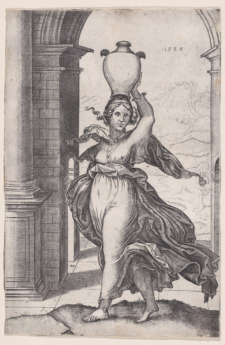 Woman Carring a Vase on Her Head, Agostino Veneziano (Agostino dei Musi) (Italian, Venice ca. 1490–after 1536 Rome), Engraving 
