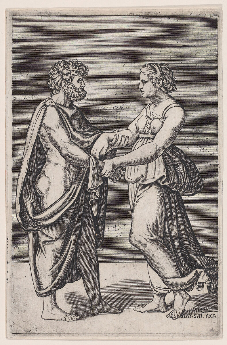 Man and Woman Holding Hands, Agostino Veneziano (Agostino dei Musi) (Italian, Venice ca. 1490–after 1536 Rome), Engraving 