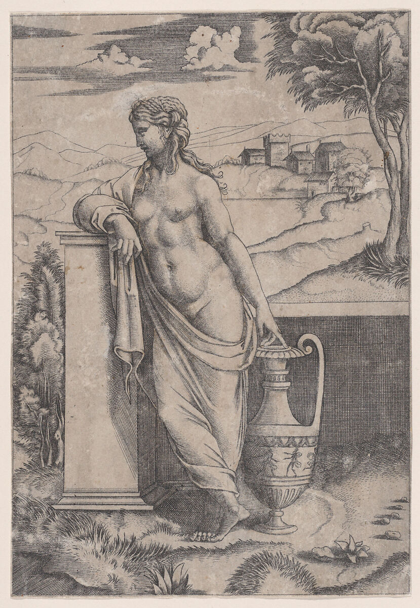 Woman Standing near a Vase, Agostino Veneziano (Agostino dei Musi) (Italian, Venice ca. 1490–after 1536 Rome), Engraving 