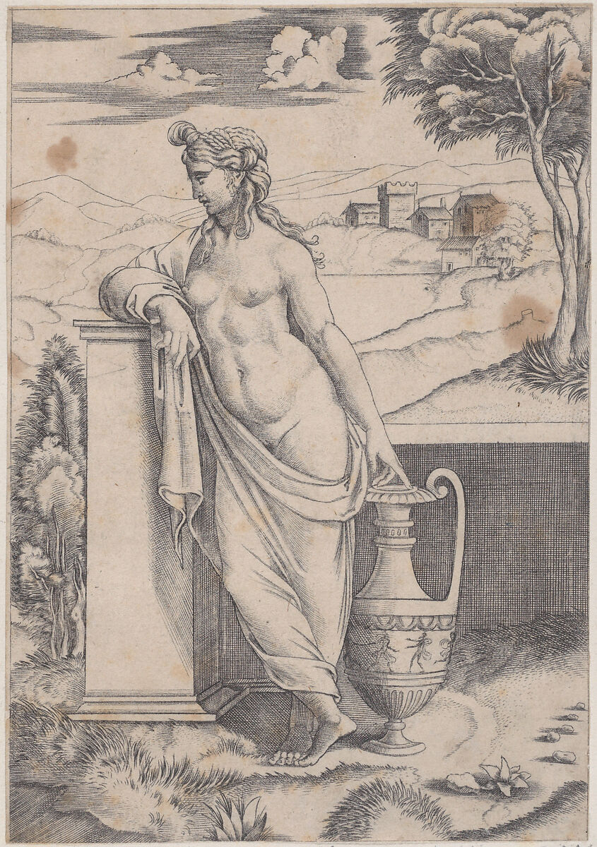 Woman Standing near a Vase, Agostino Veneziano (Agostino dei Musi) (Italian, Venice ca. 1490–after 1536 Rome), Engraving 