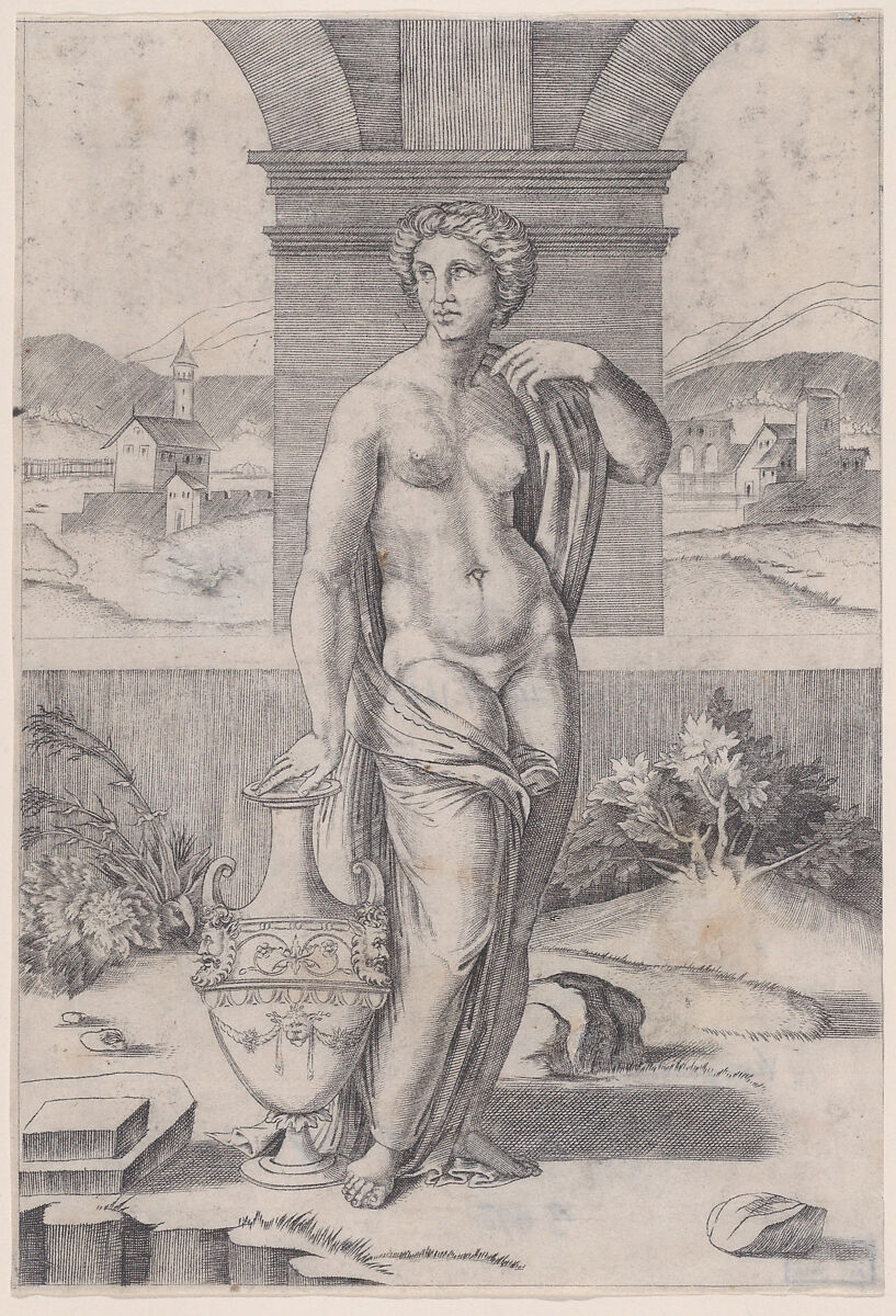 Woman Standing near a Vase, Agostino Veneziano (Agostino dei Musi) (Italian, Venice ca. 1490–after 1536 Rome), Engraving 