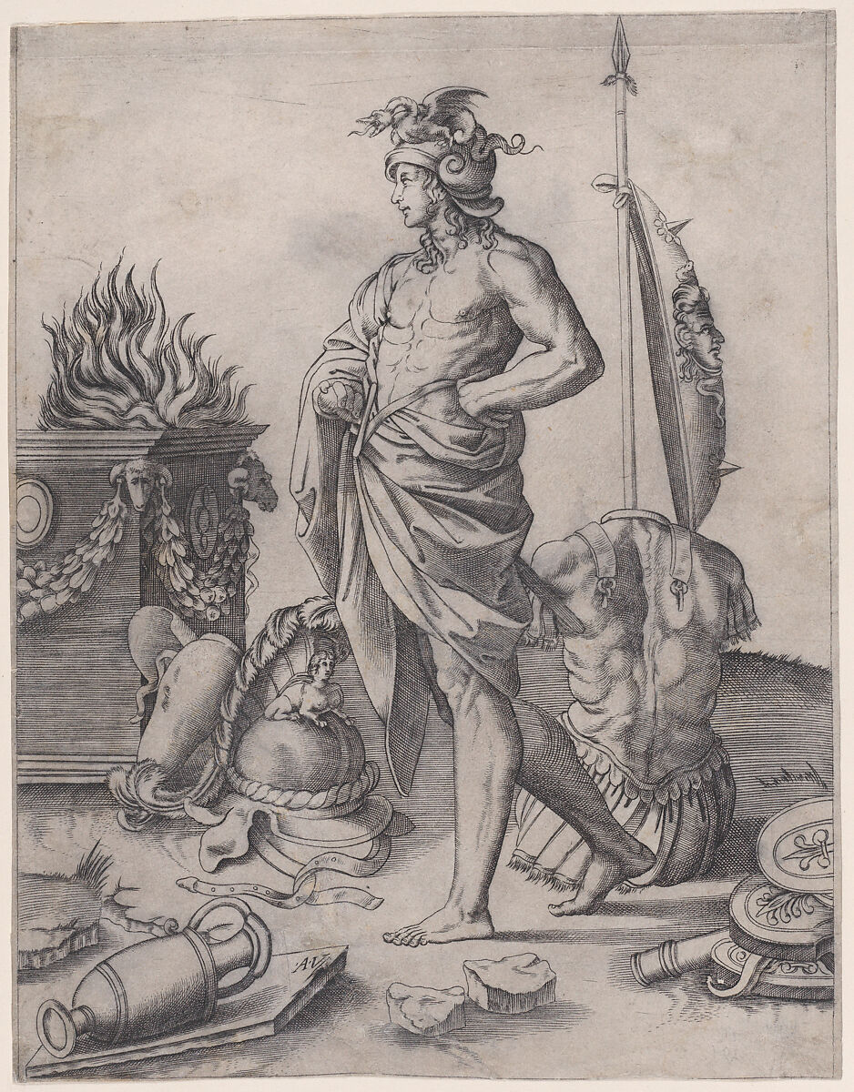 A Young Hero near an Altar, Agostino Veneziano (Agostino dei Musi) (Italian, Venice ca. 1490–after 1536 Rome), Engraving 