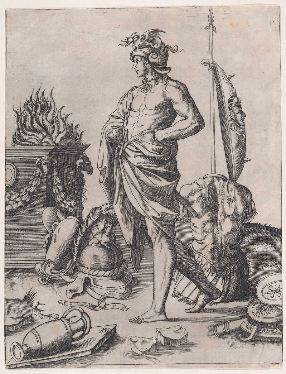 A Young Warrior Standing by an Altar, after Raphael, Agostino Veneziano (Agostino dei Musi) (Italian, Venice ca. 1490–after 1536 Rome), Engraving 
