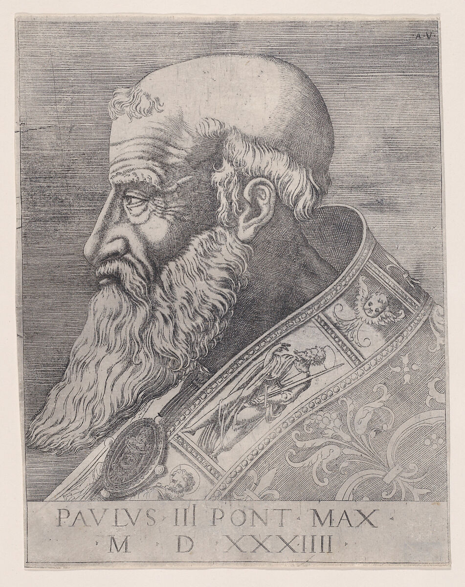 Pope Paul III, Bareheaded, Agostino Veneziano (Agostino dei Musi) (Italian, Venice ca. 1490–after 1536 Rome), Engraving 