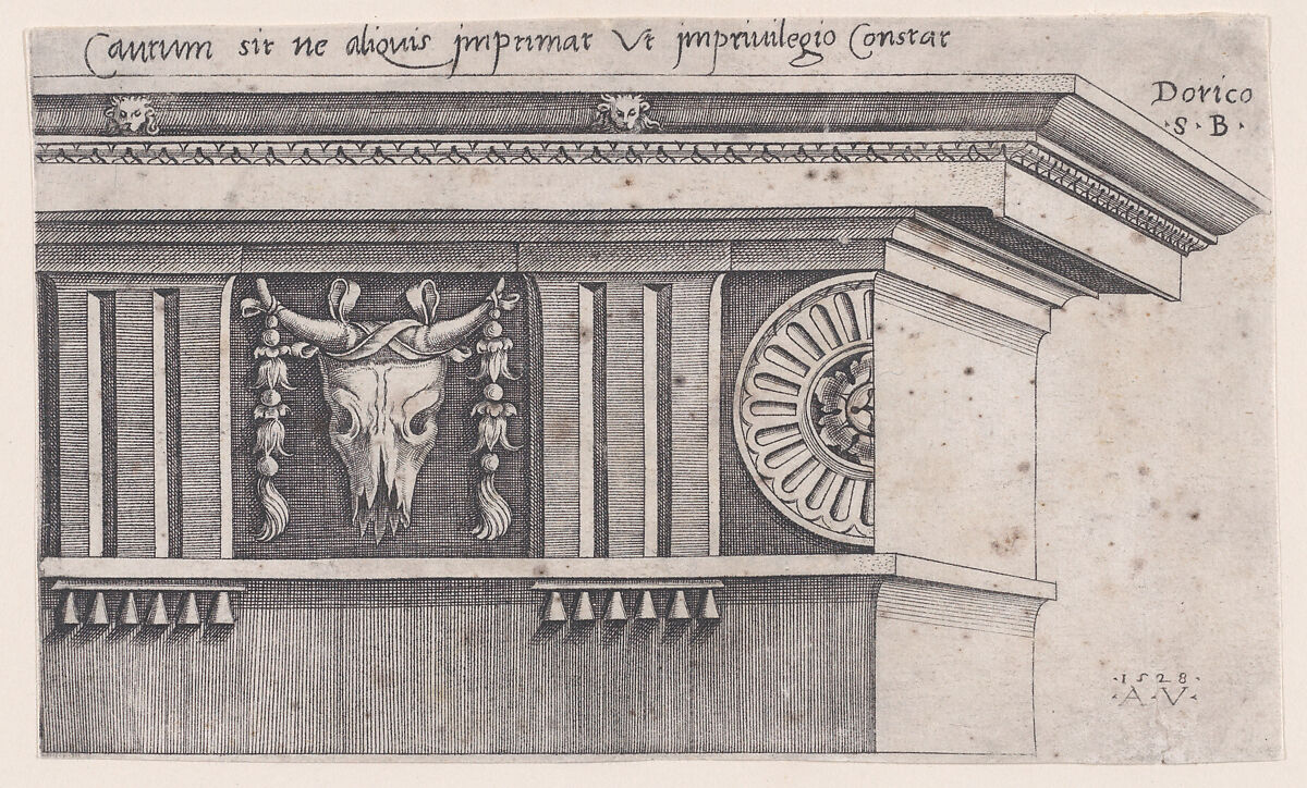 Doric Entablature, Agostino Veneziano (Agostino dei Musi) (Italian, Venice ca. 1490–after 1536 Rome), Engraving 