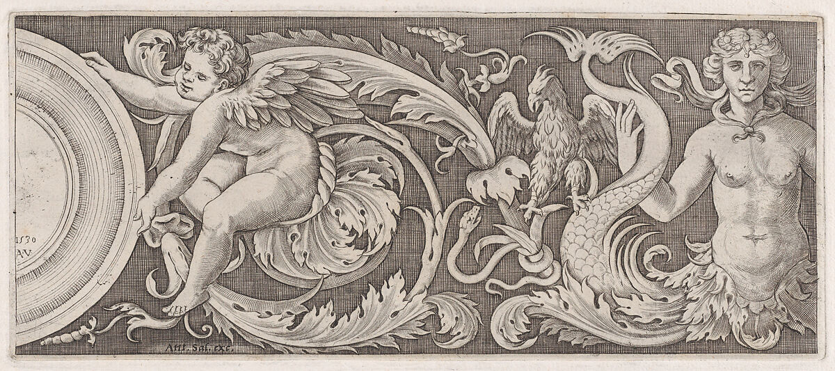 Frieze with Eros and a Siren, Agostino Veneziano (Agostino dei Musi) (Italian, Venice ca. 1490–after 1536 Rome), Engraving 