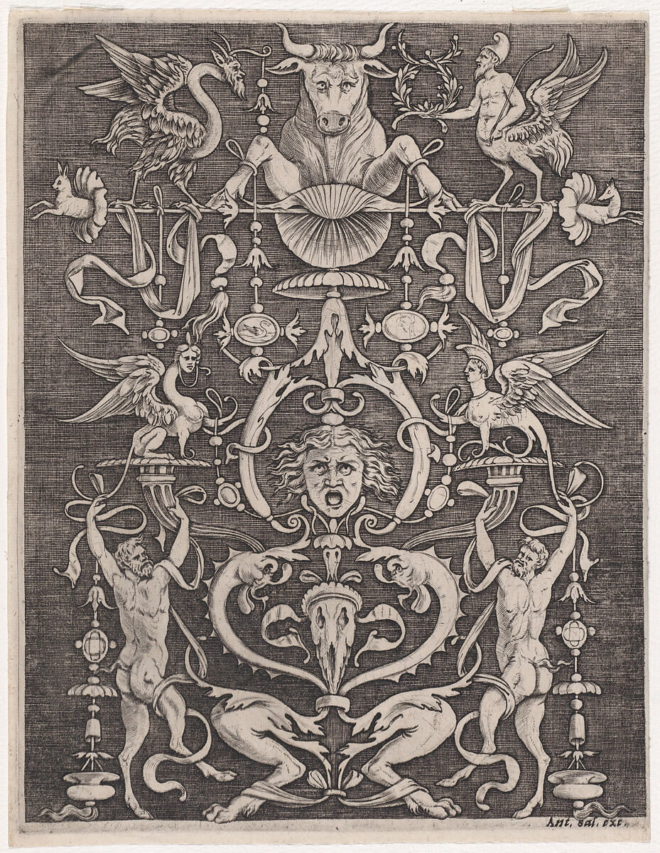 Ornamental Panel, Agostino Veneziano (Agostino dei Musi) (Italian, Venice ca. 1490–after 1536 Rome), Engraving 