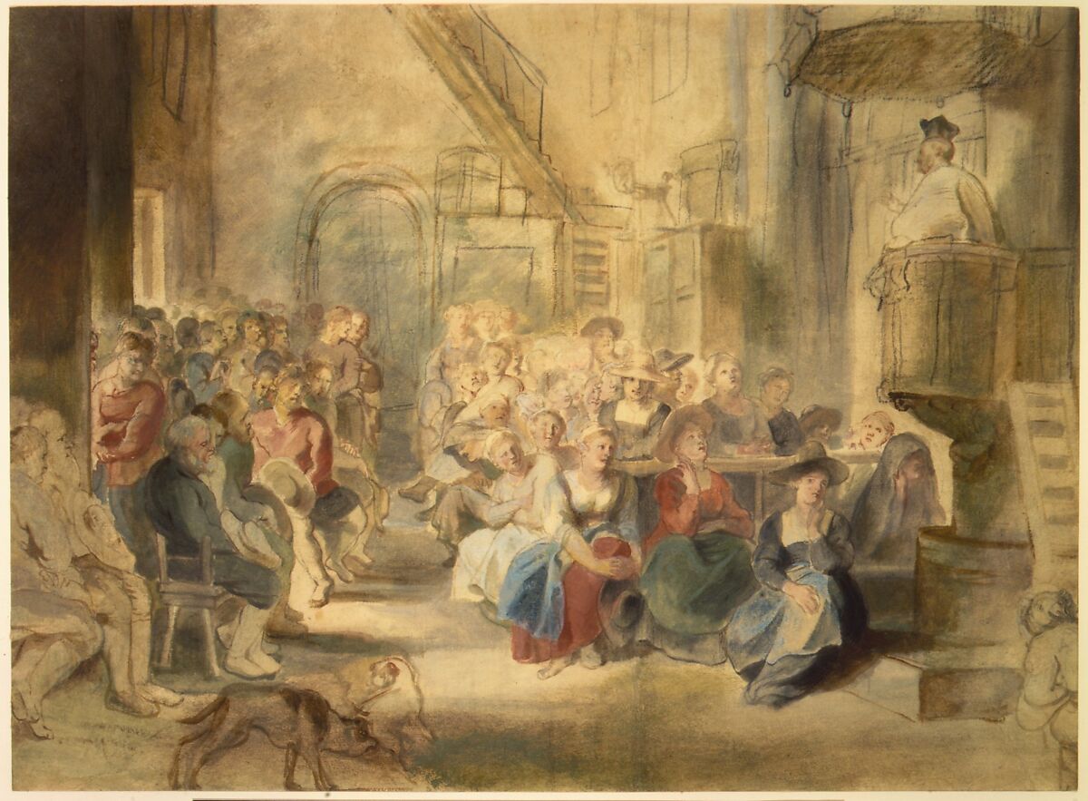 A Sermon in a Village Church, Peter Paul Rubens (Flemish, Siegen 1577–1640 Antwerp), Black chalk, oil- and water-based paints