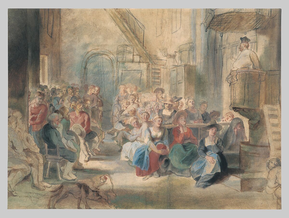A Sermon in a Village Church, Peter Paul Rubens (Flemish, Siegen 1577–1640 Antwerp), Black chalk, oil- and water-based paints