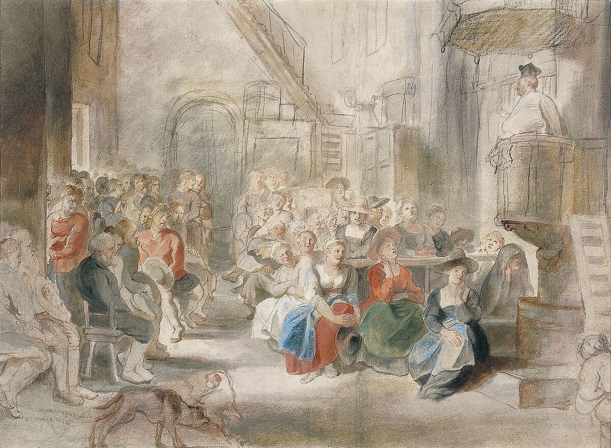 A Sermon in a Village Church, Peter Paul Rubens (Flemish, Siegen 1577–1640 Antwerp), Black chalk, oil- and water-based paints