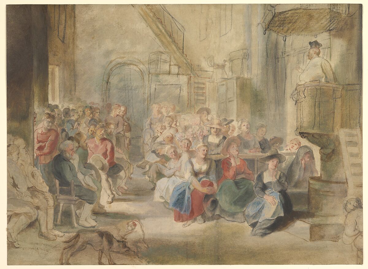 A Sermon in a Village Church, Peter Paul Rubens (Flemish, Siegen 1577–1640 Antwerp), Black chalk, oil- and water-based paints 
