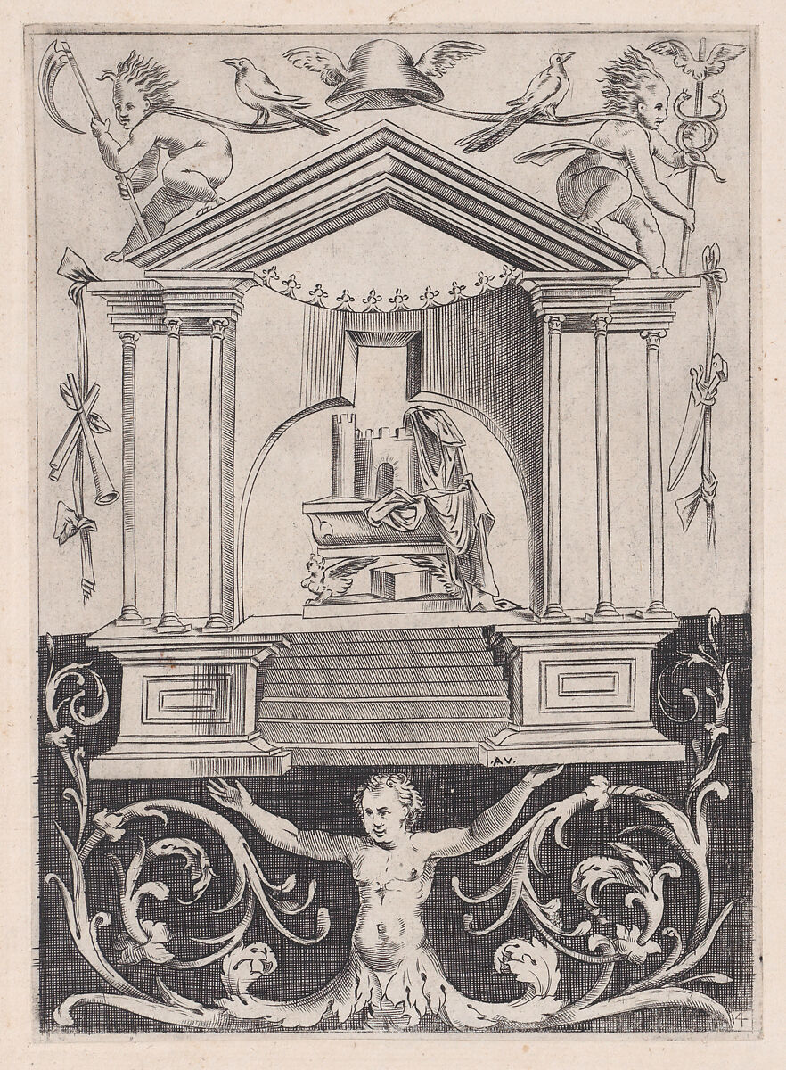 Ornamental Panel, Agostino Veneziano (Agostino dei Musi) (Italian, Venice ca. 1490–after 1536 Rome), Engraving 