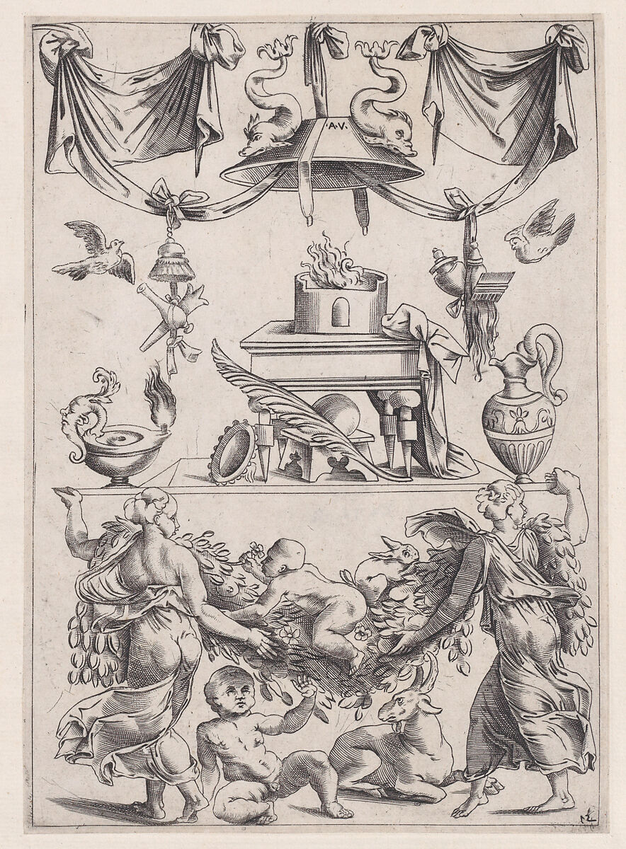 Ornamental Panel, Agostino Veneziano (Agostino dei Musi) (Italian, Venice ca. 1490–after 1536 Rome), Engraving 