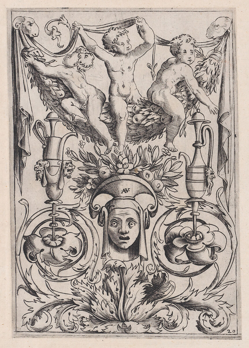 Ornamental Panel, Agostino Veneziano (Agostino dei Musi) (Italian, Venice ca. 1490–after 1536 Rome), Engraving 