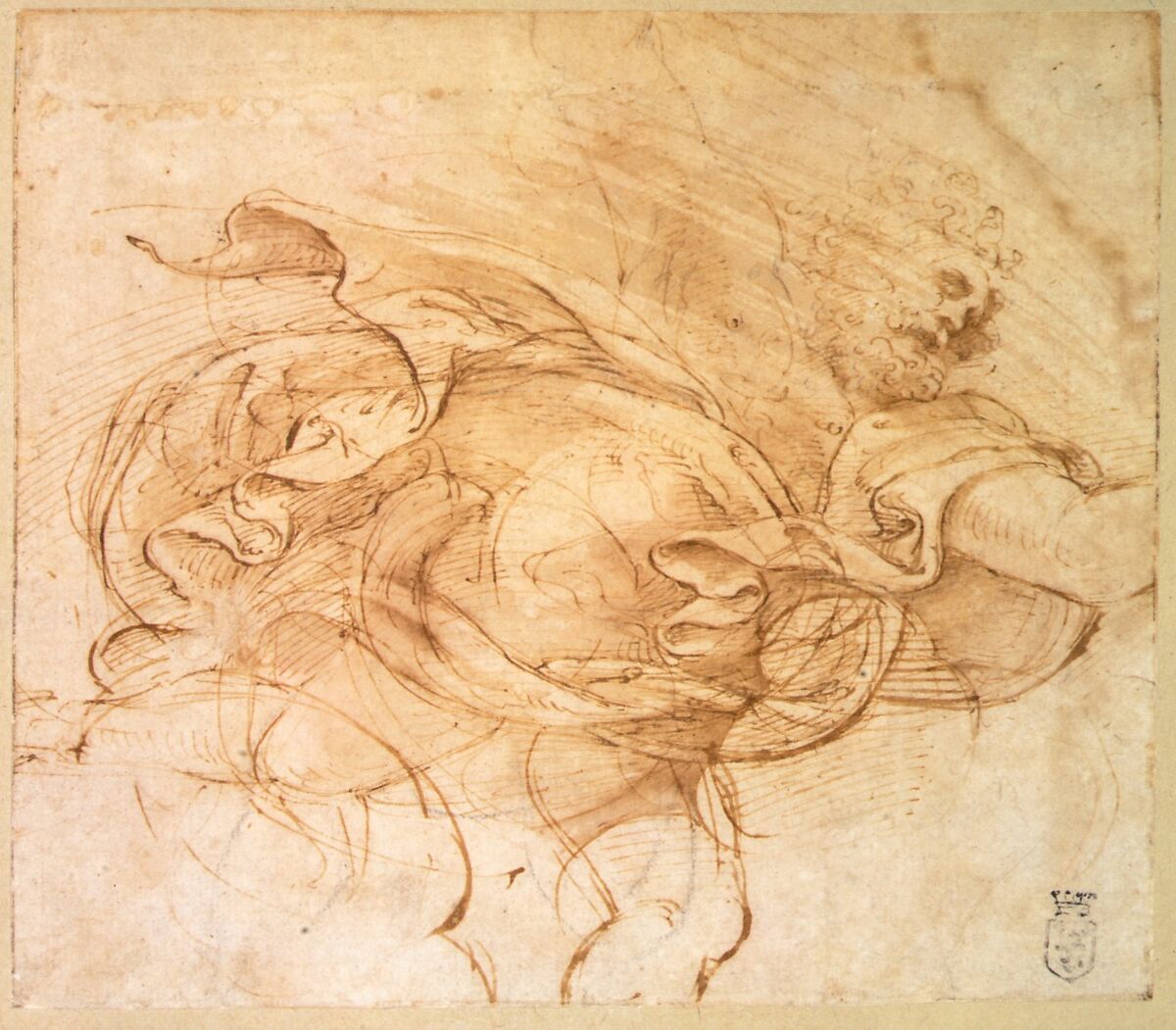 Jupiter Hurling a Thunderbolt, Giulio Romano (Italian, Rome 1499?–1546 Mantua), Pen and brown ink, brush and brown wash, black chalk underdrawing, with traces of red chalk on laid paper