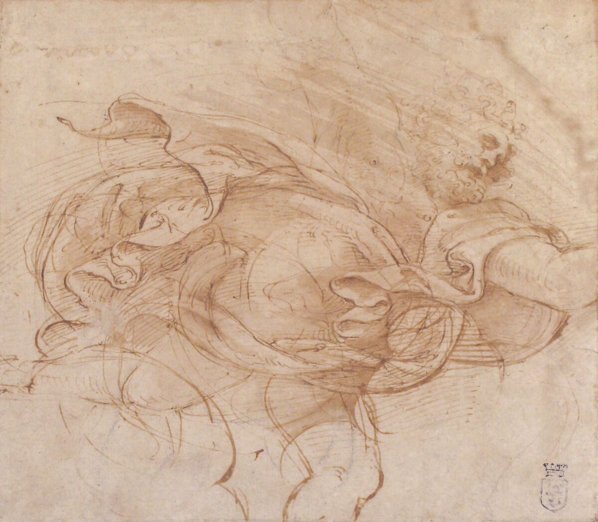 Jupiter Hurling a Thunderbolt, Giulio Romano (Italian, Rome 1499?–1546 Mantua), Pen and brown ink, brush and brown wash, black chalk underdrawing, with traces of red chalk on laid paper
