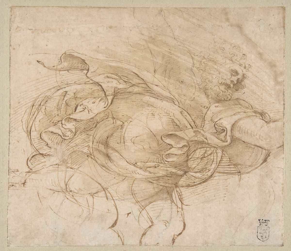 Jupiter Hurling a Thunderbolt, Giulio Romano (Italian, Rome 1499?–1546 Mantua), Pen and brown ink, brush and brown wash, black chalk underdrawing, with traces of red chalk on laid paper 