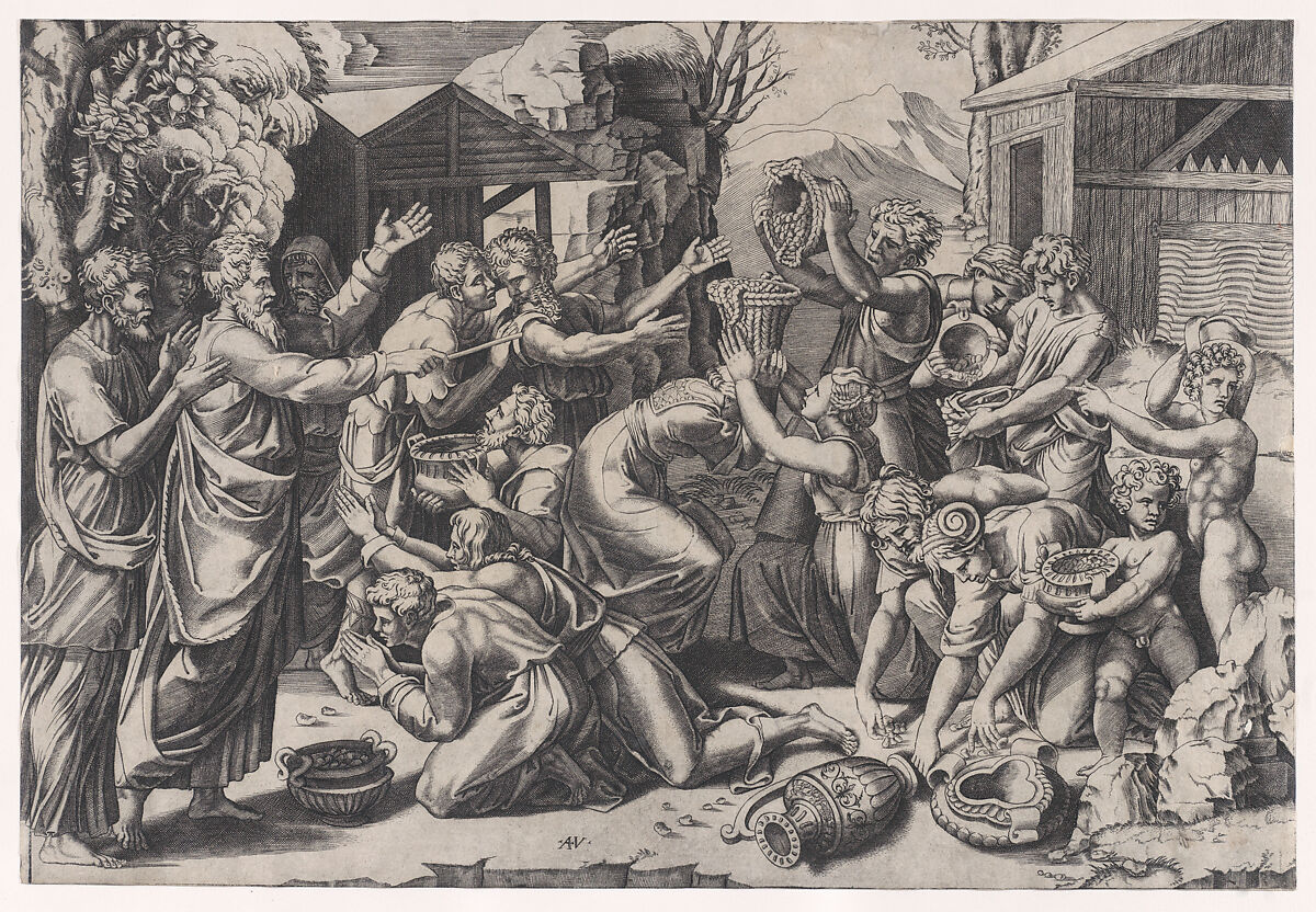 The Israelites Gathering Manna, Agostino Veneziano (Agostino dei Musi) (Italian, Venice ca. 1490–after 1536 Rome), Engraving 