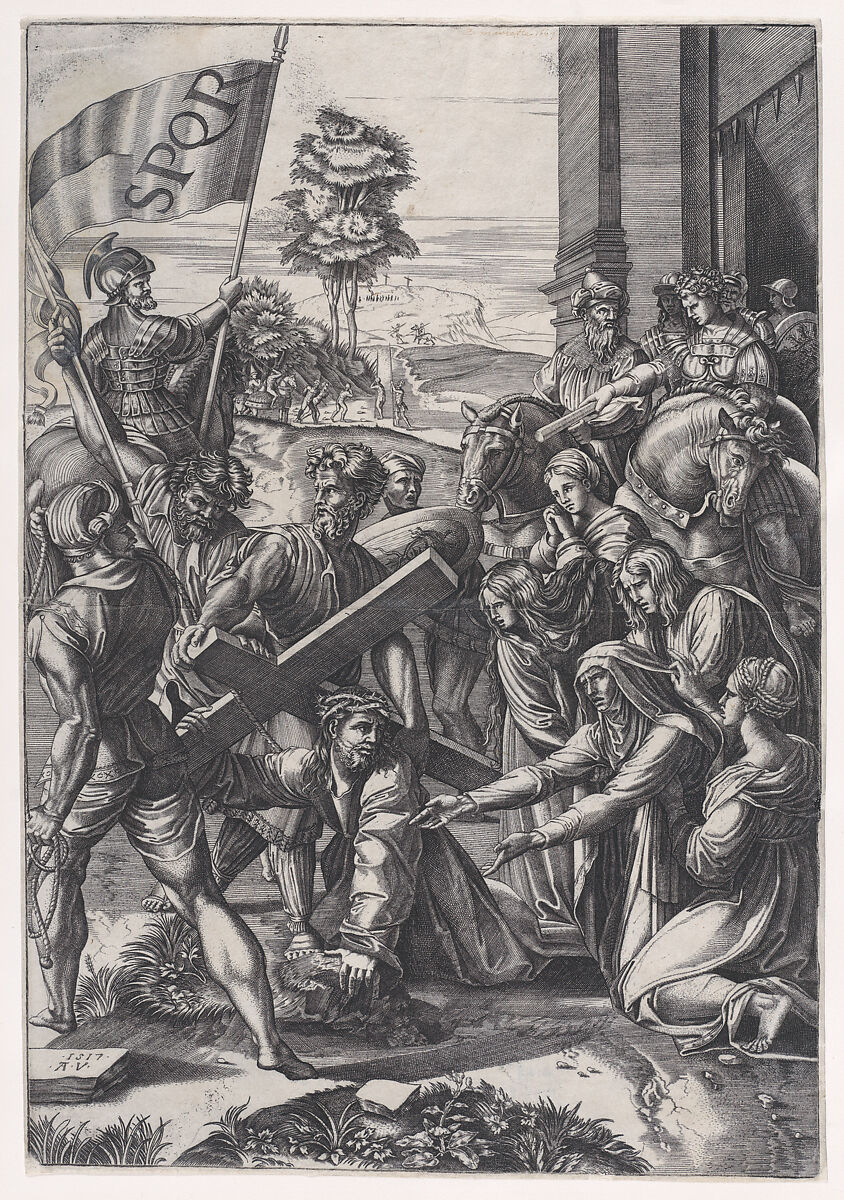 The Bearing of the Cross, Agostino Veneziano (Agostino dei Musi) (Italian, Venice ca. 1490–after 1536 Rome), Engraving 