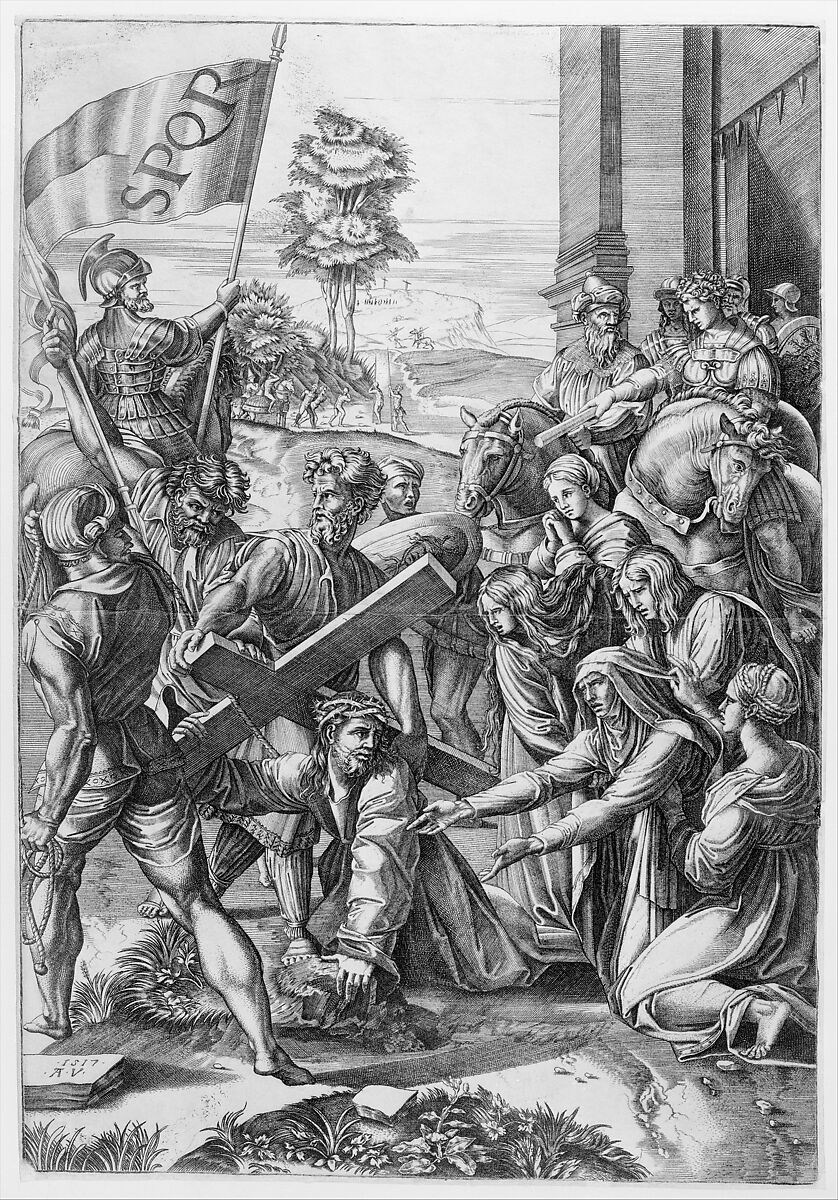 The Bearing of the Cross, Agostino Veneziano (Agostino dei Musi) (Italian, Venice ca. 1490–after 1536 Rome), Engraving