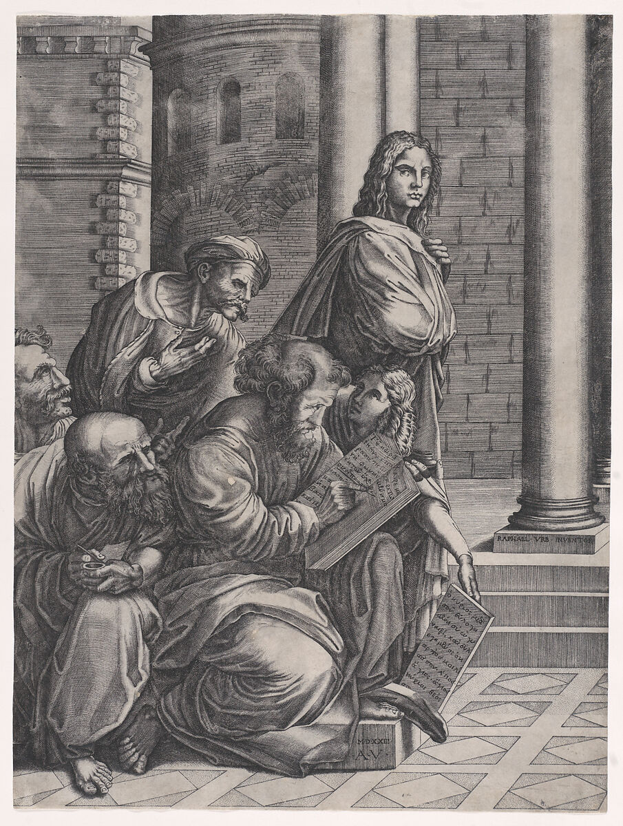 The Group, from Raphael's "School of Athens", Agostino Veneziano (Agostino dei Musi) (Italian, Venice ca. 1490–after 1536 Rome), Engraving 