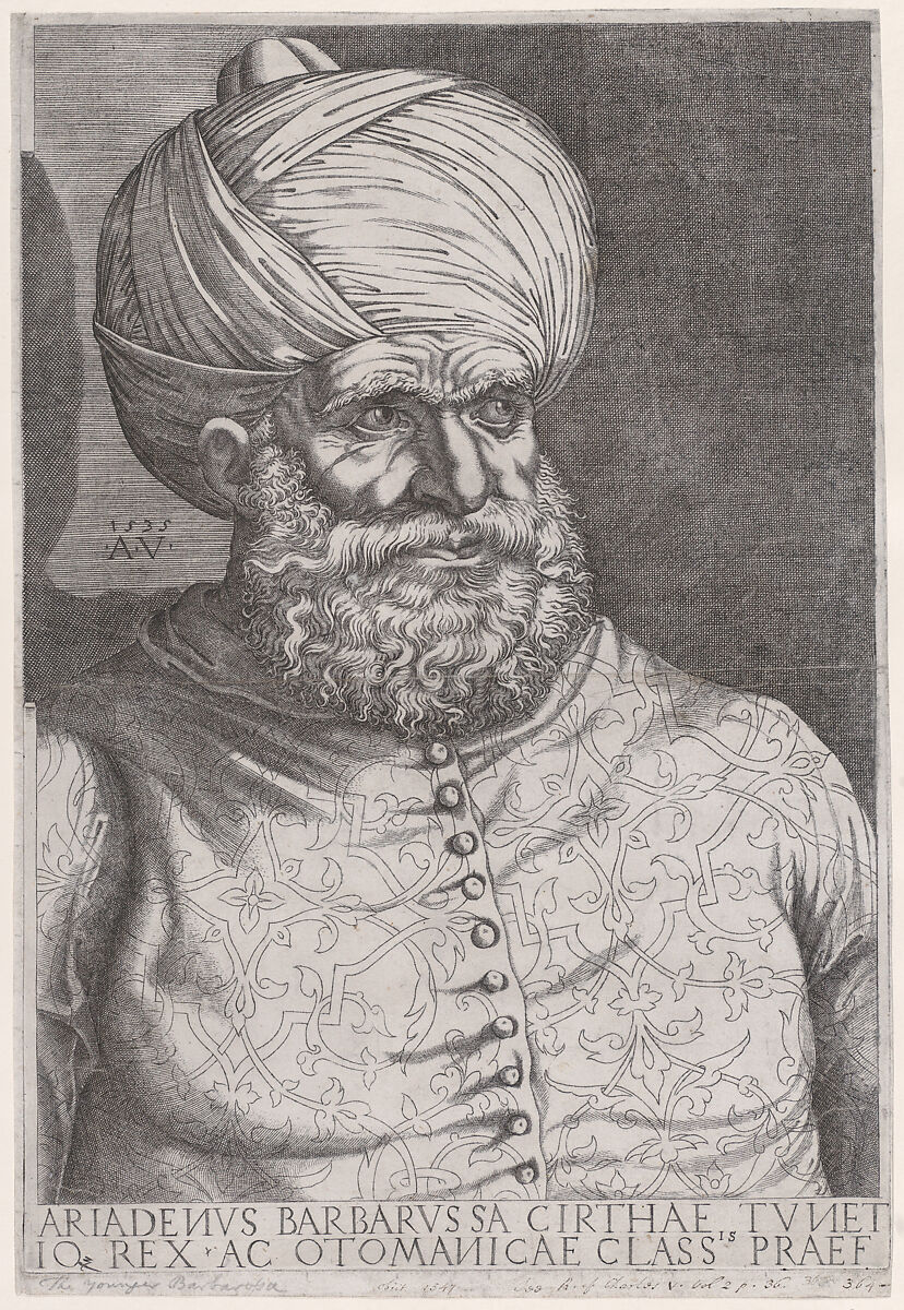 Portrait of Barbarossa, Agostino Veneziano (Agostino dei Musi) (Italian, Venice ca. 1490–after 1536 Rome), Engraving 