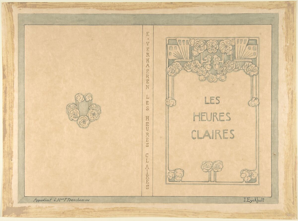 Design for "Les Heures Claires"  by Emile Verhaeren, Julia Eyckholt (Belgian, documented 1902–1914), Pen and blue and gold ink, brush and light blue wash, over graphite underdrawing. 
