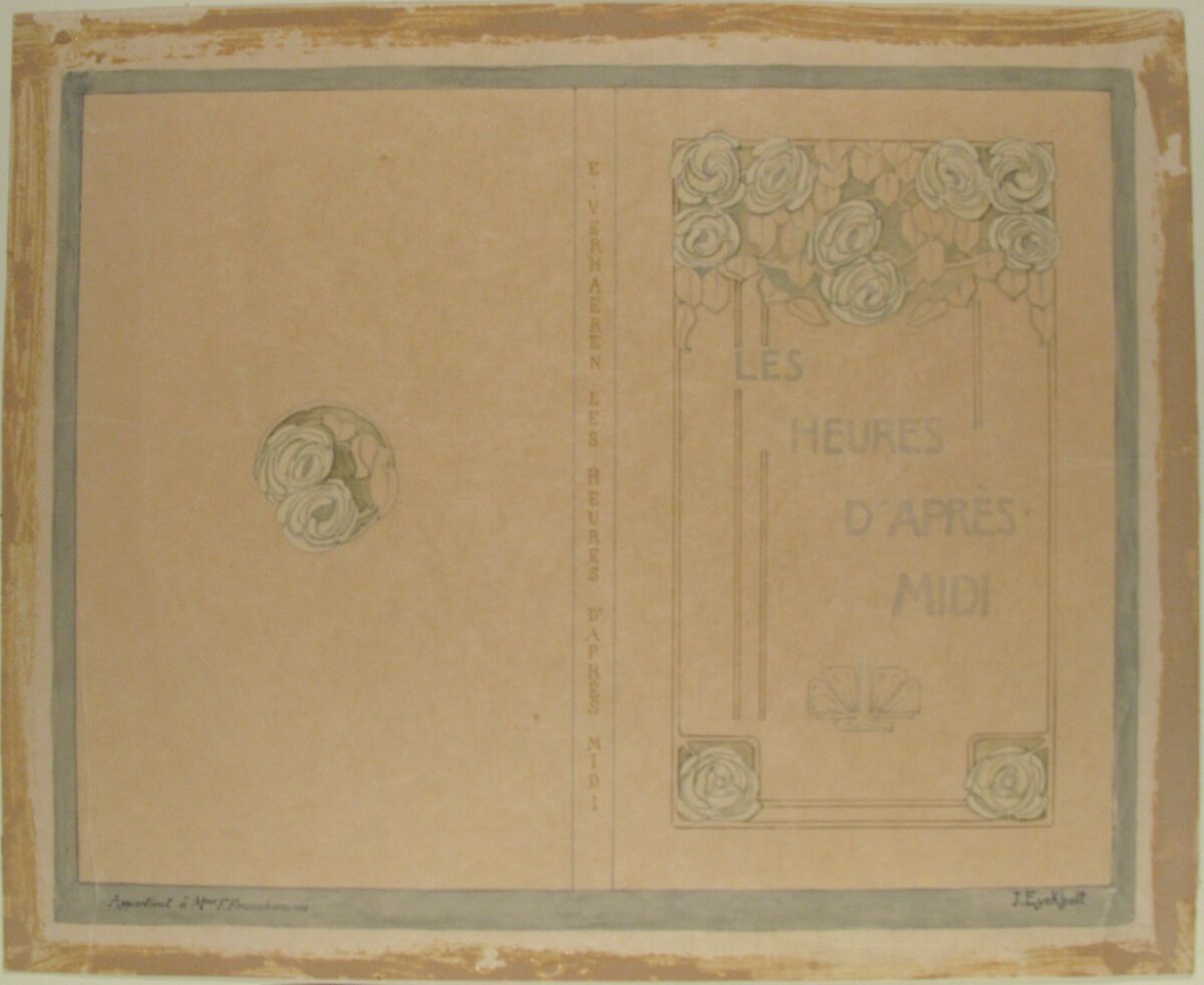 Design for "Les Heures d'Après Midi" by Emile Verhaeren, Julia Eyckholt (Belgian, documented 1902–1914), Pen and blue, gold and brown ink, brush and blue, green and white washes, over graphite underdrawing.