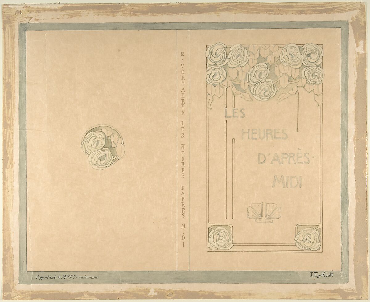 Design for "Les Heures d'Après Midi" by Emile Verhaeren, Julia Eyckholt (Belgian, documented 1902–1914), Pen and blue, gold and brown ink, brush and blue, green and white washes, over graphite underdrawing. 