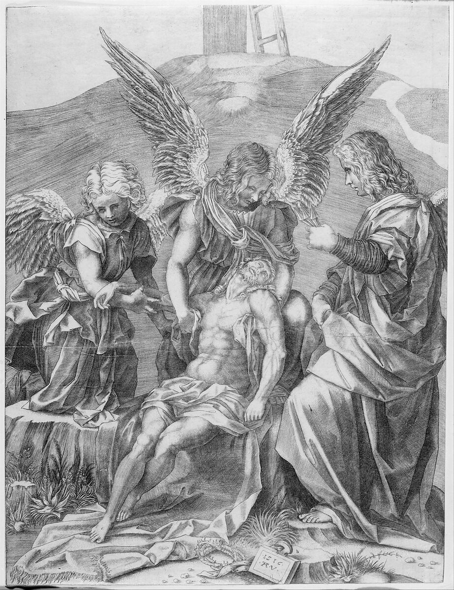 The Body of Christ Supported by Three Angels, Agostino Veneziano (Agostino dei Musi) (Italian, Venice ca. 1490–after 1536 Rome), Engraving 