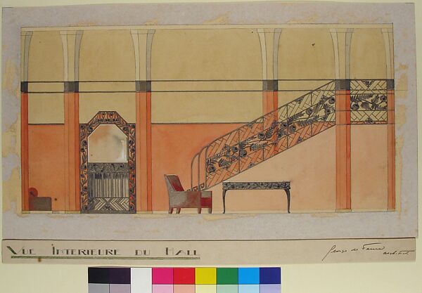 Design for a Hallway with Wrought-iron Details, Georges de Feure (French, Paris 1868–1943 Paris), Graphite, ink, watercolor, and metallic paint