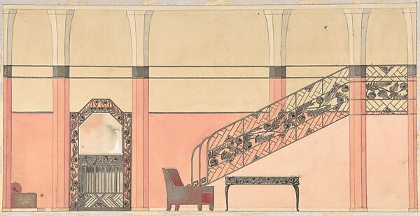 Design for a Hallway with Wrought-iron Details, Georges de Feure (French, Paris 1868–1943 Paris), Graphite, ink, watercolor, and metallic paint 