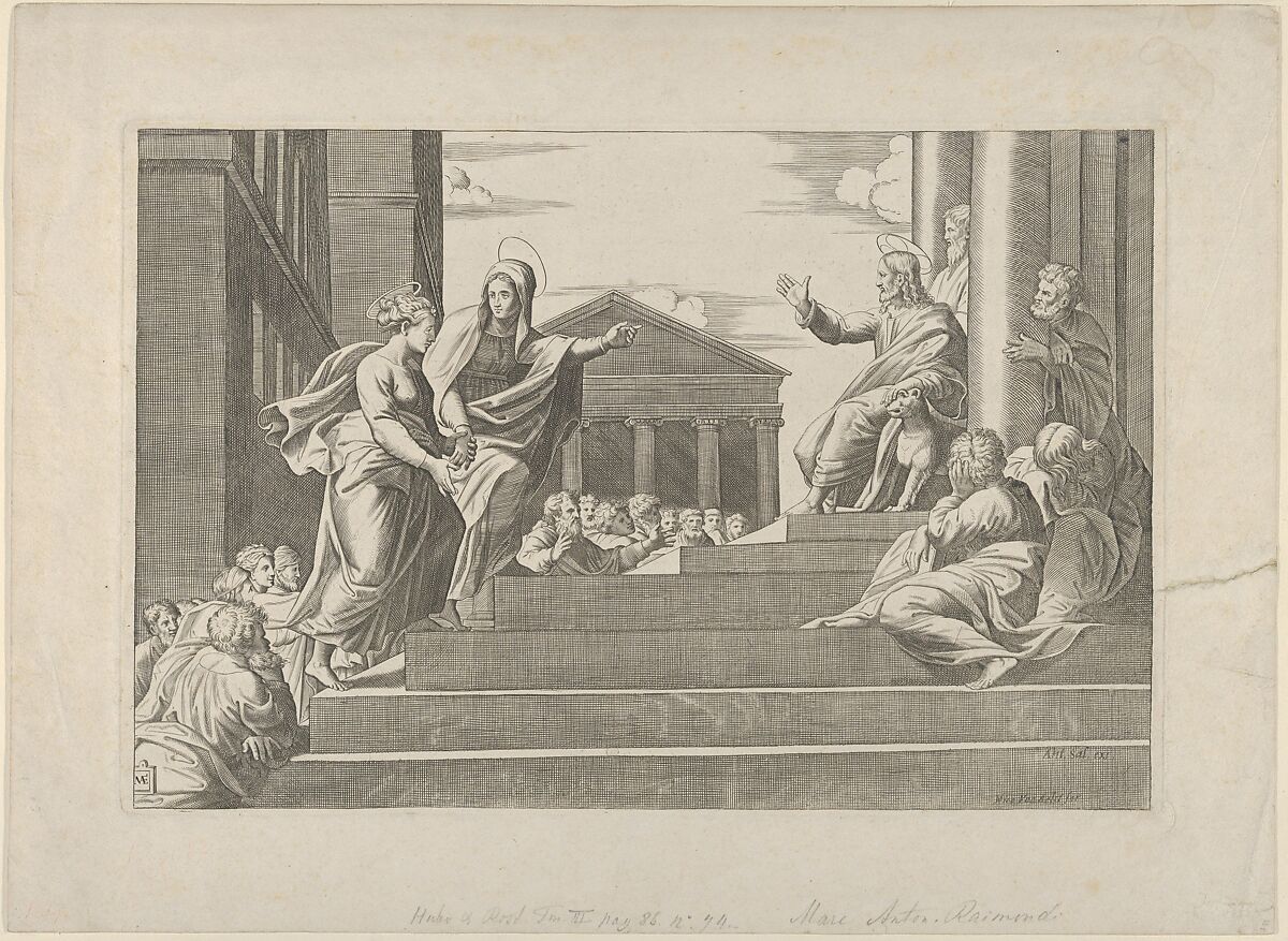 Martha leading Mary Magdalene up a flight of stairs to Christ who is seated at right at the entrance to a temple, Anonymous, Italian, 16th to early 17th century, Engraving 