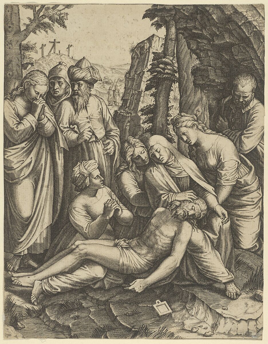 The lamentation of the dead Christ who is supported by the Virgin Mary and surrounded by other figures, Anonymous, Engraving 