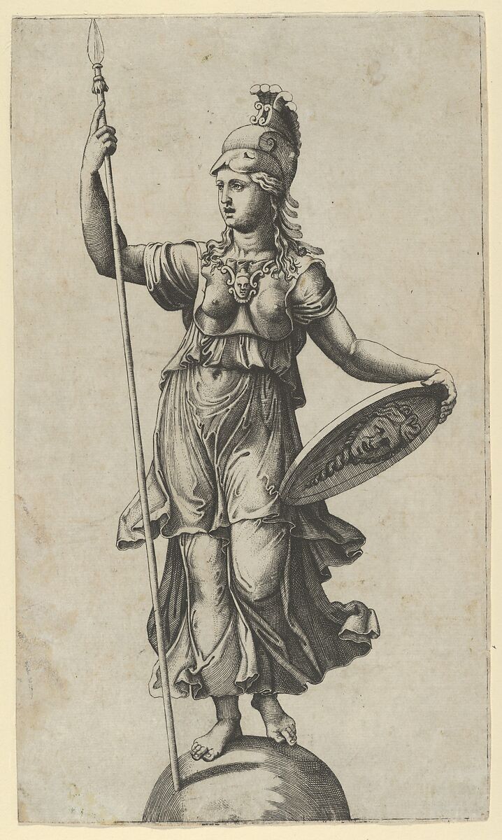 Pallas Athena standing on a globe, a spear in her left hand, a shield in her right, Marcantonio Raimondi (Italian, Argini (?) ca. 1480–before 1534 Bologna (?)), Engraving 