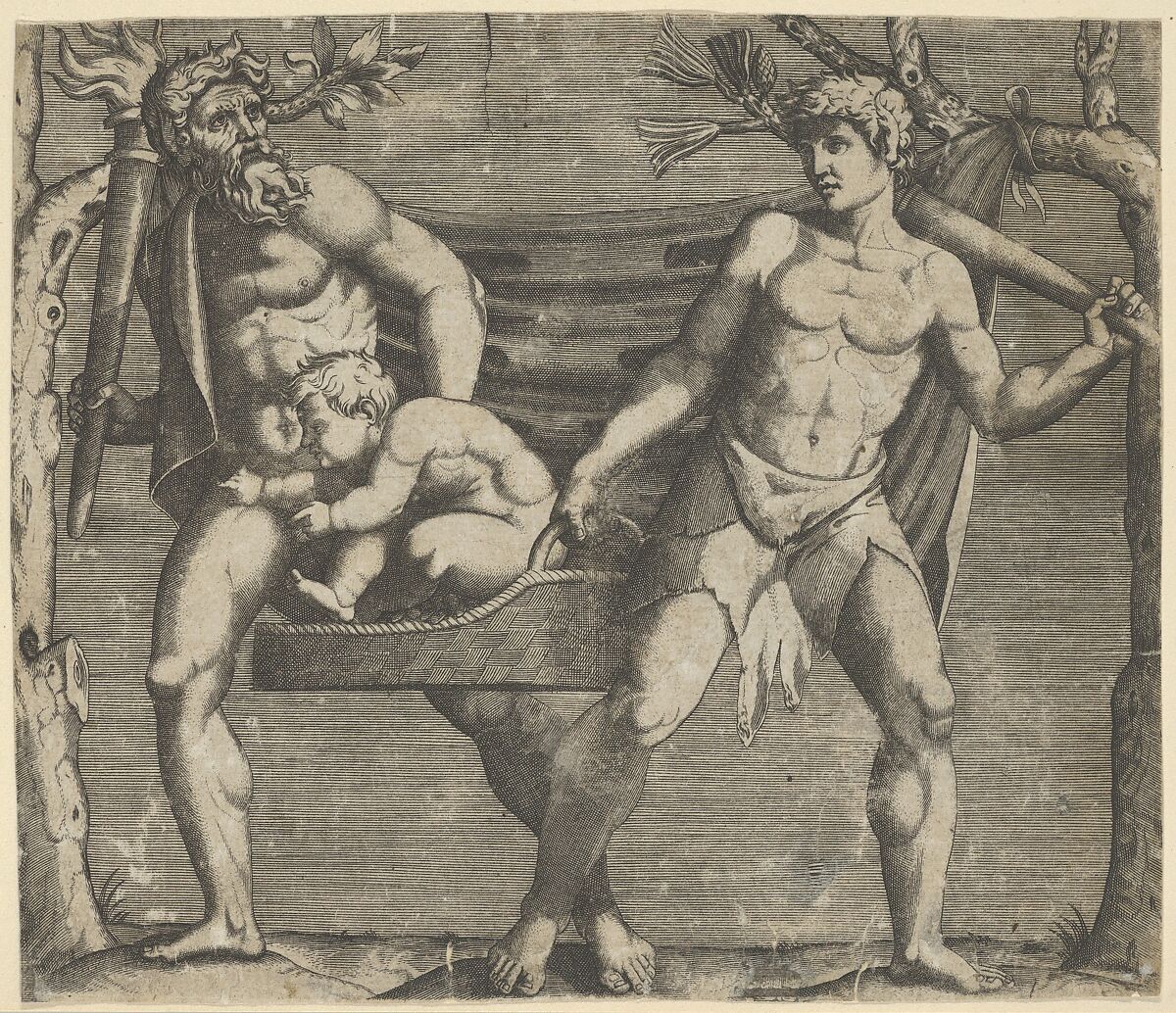 Two Fauns Carrying a Child, Anonymous, Italian, 16th to early 17th century, Engraving 
