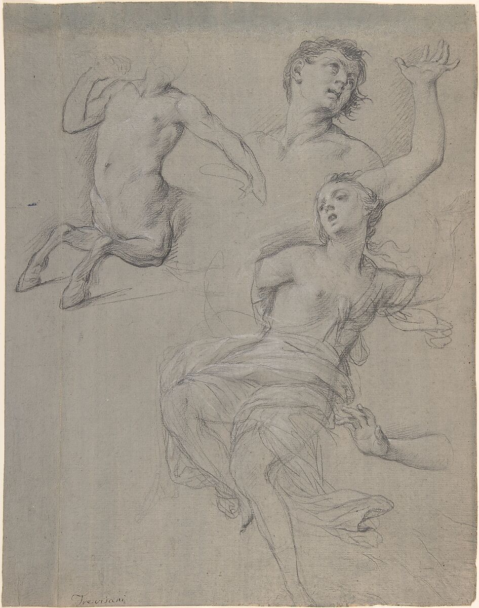 Studies for the Figure of a Centaur and a Nymph, Francesco Trevisani (Italian, Capodistria 1656–1746 Rome), Black chalk, highlighted with white chalk, on blue-gray washed paper 