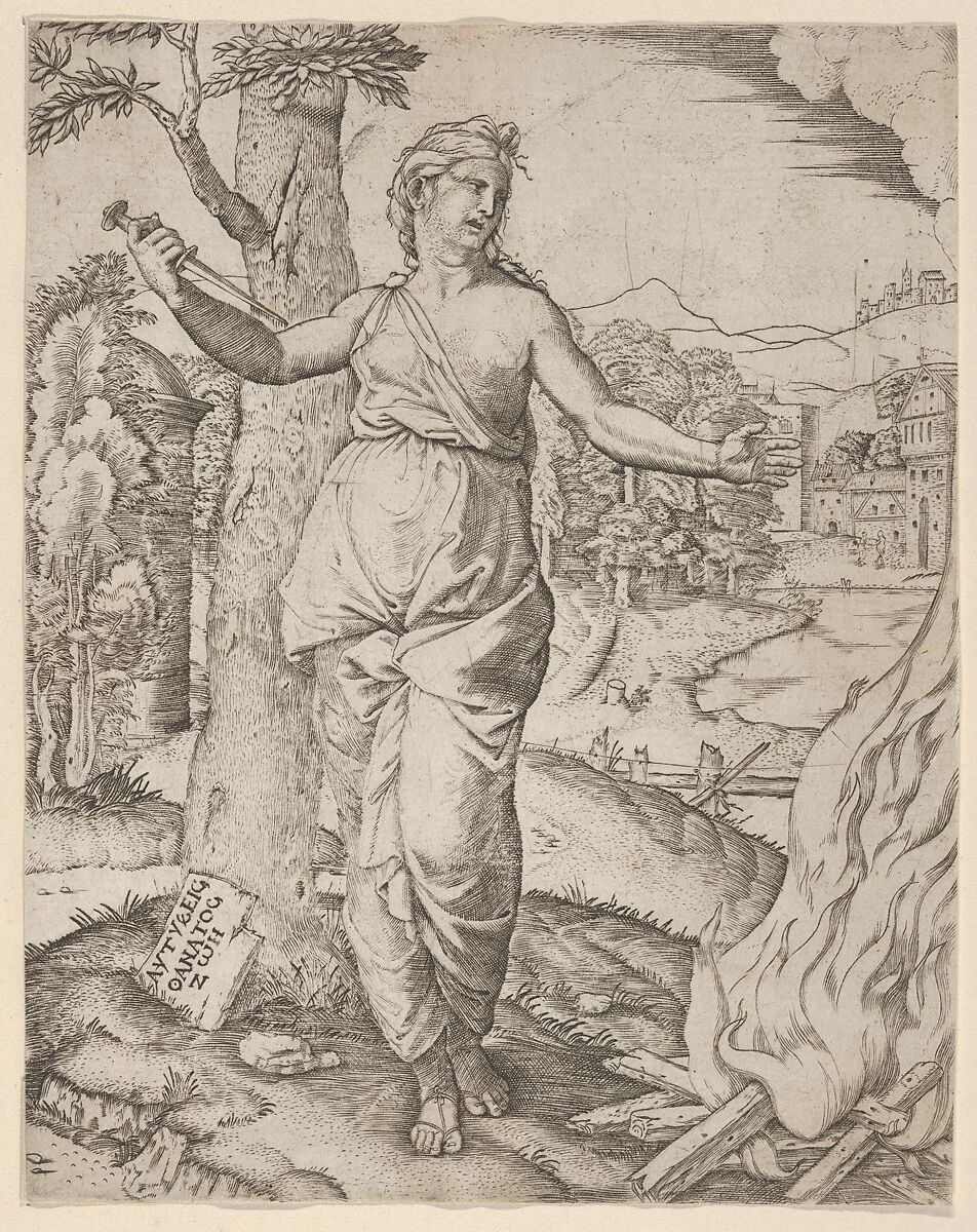 Dido holding a dagger in her right hand, left arm outstreched, Anonymous, Engraving 