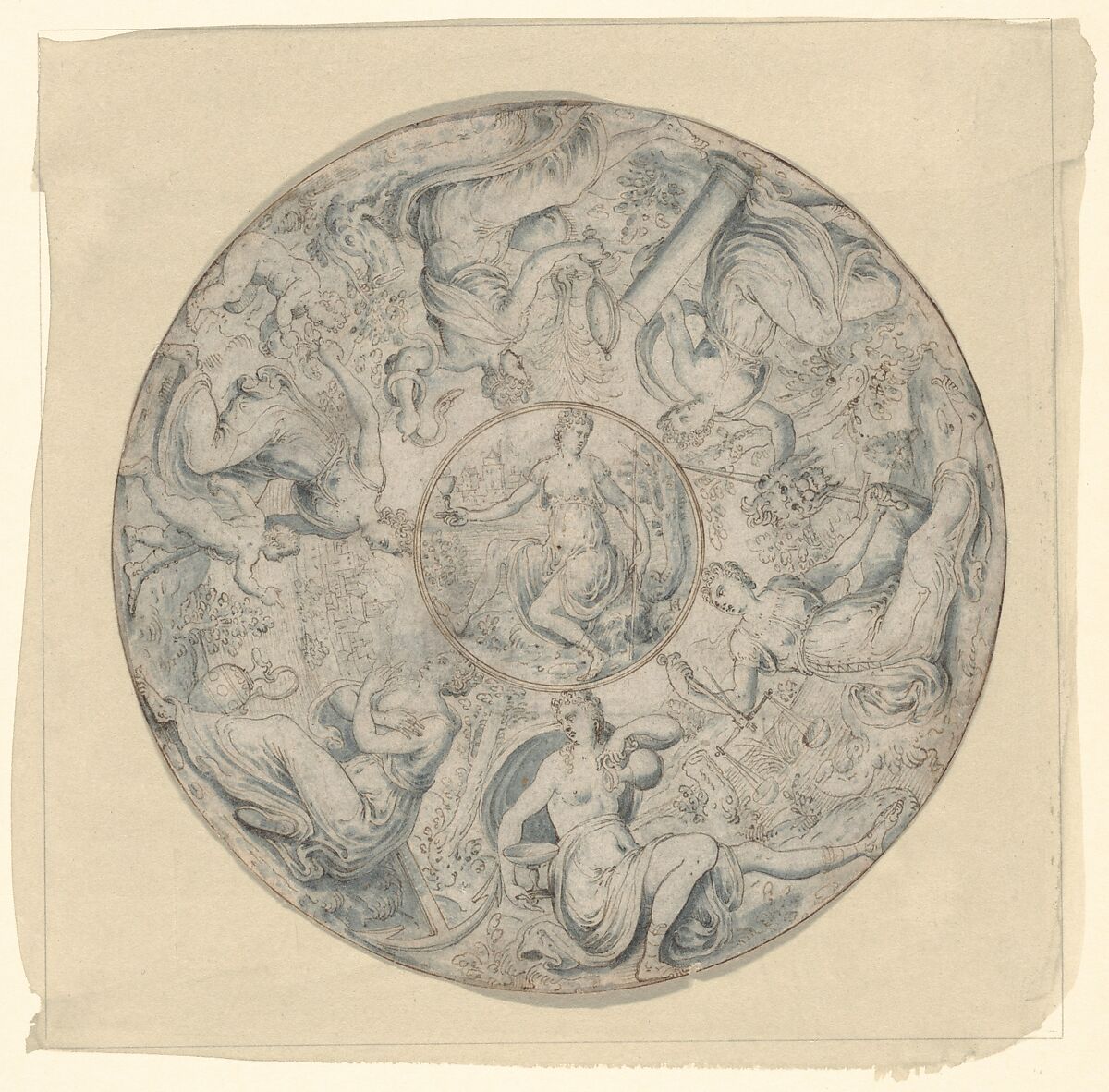 The Seven Virtues in a Roundel, with Faith at the Center, Jan Collaert I (Netherlandish, Antwerp ca. 1530–1581 Antwerp), Pen and brown ink and blue wash; lines indented for transfer