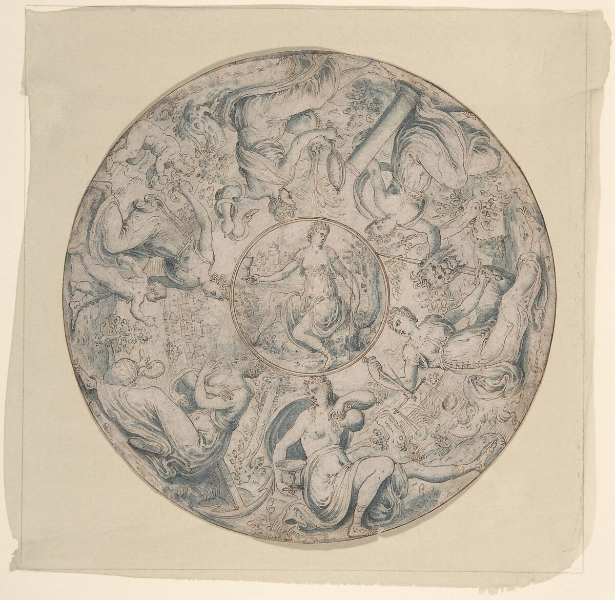 The Seven Virtues in a Roundel, with Faith at the Center, Jan Collaert I (Netherlandish, Antwerp ca. 1530–1581 Antwerp), Pen and brown ink and blue wash; lines indented for transfer 