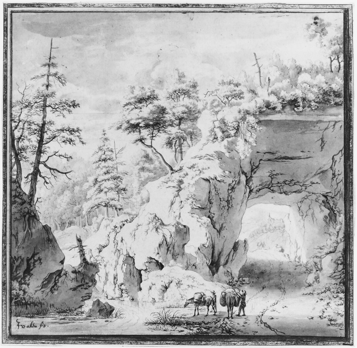 A Mountainous Landscape with Travellers on a Road, Jan van Aken (Dutch, 1614–?1661), Black chalk, pen and brown ink, with brush and gray wash; framing lines in black chalk and gray ink