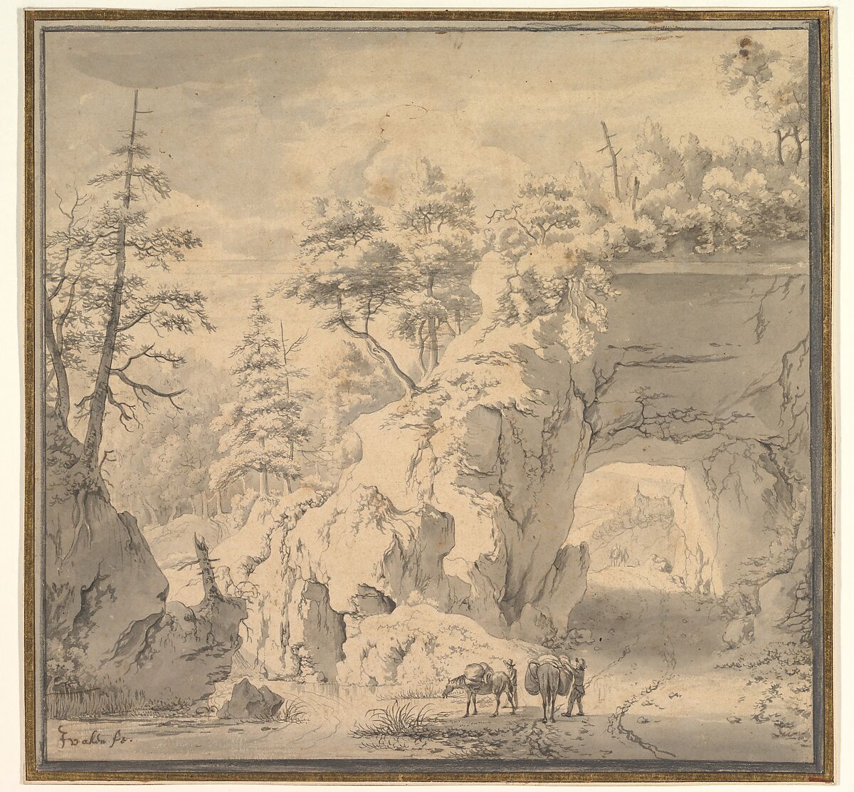 A Mountainous Landscape with Travellers on a Road, Jan van Aken (Dutch, 1614–?1661), Black chalk, pen and brown ink, with brush and gray wash; framing lines in black chalk and gray ink 