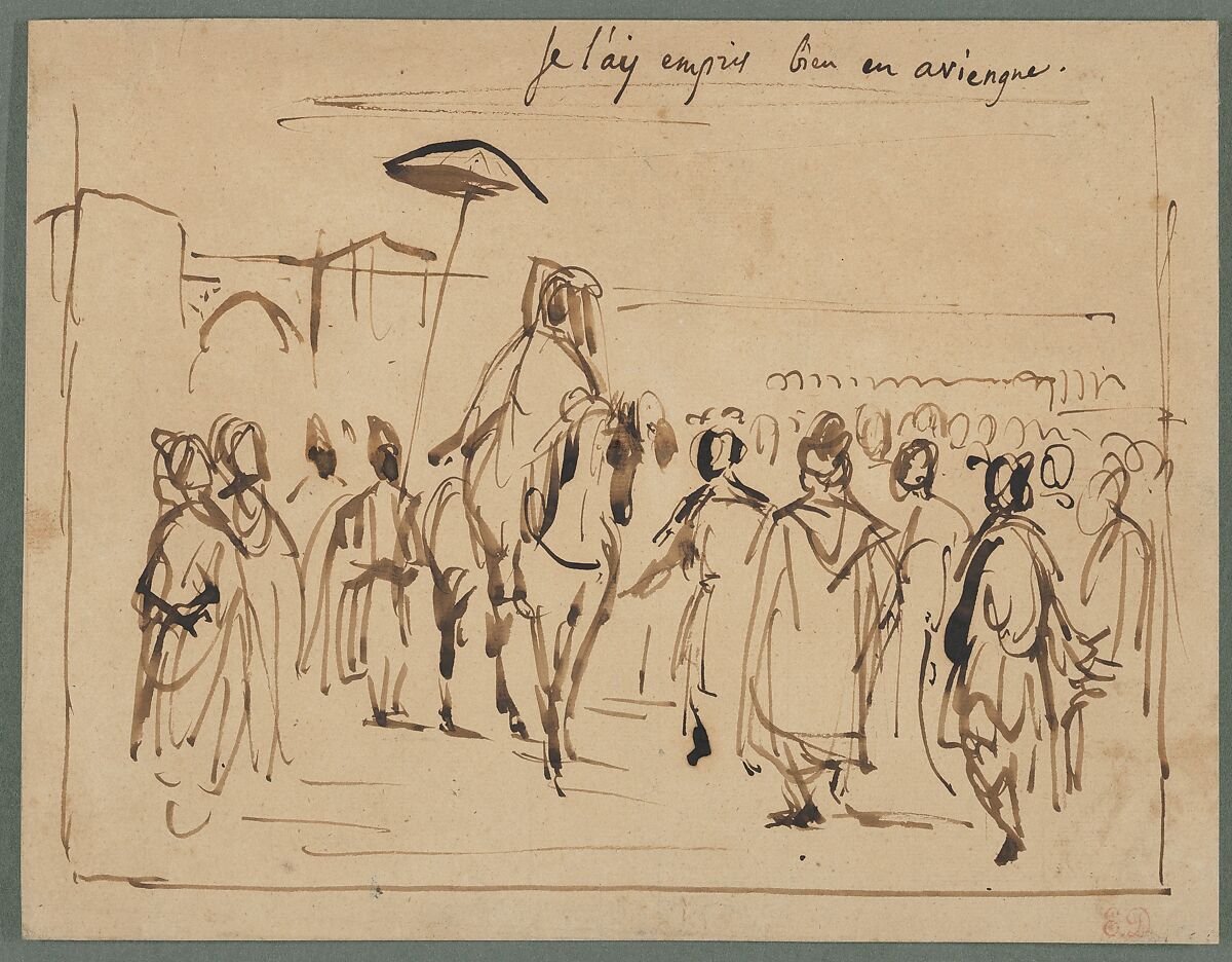 Study for "The Sultan of Morocco and His Entourage", Eugène Delacroix (French, Charenton-Saint-Maurice 1798–1863 Paris), Brush and brown ink 