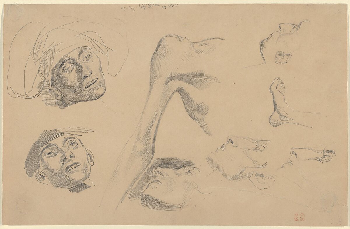 Head, Shoulder, and Foot, Studies for "Scenes from the Chios Massacres", Eugène Delacroix (French, Charenton-Saint-Maurice 1798–1863 Paris), Graphite 