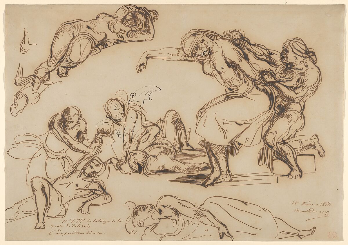 Figure Studies for the Salon du Roi, Palais Bourbon, Eugène Delacroix (French, Charenton-Saint-Maurice 1798–1863 Paris), Pen and iron gall ink 