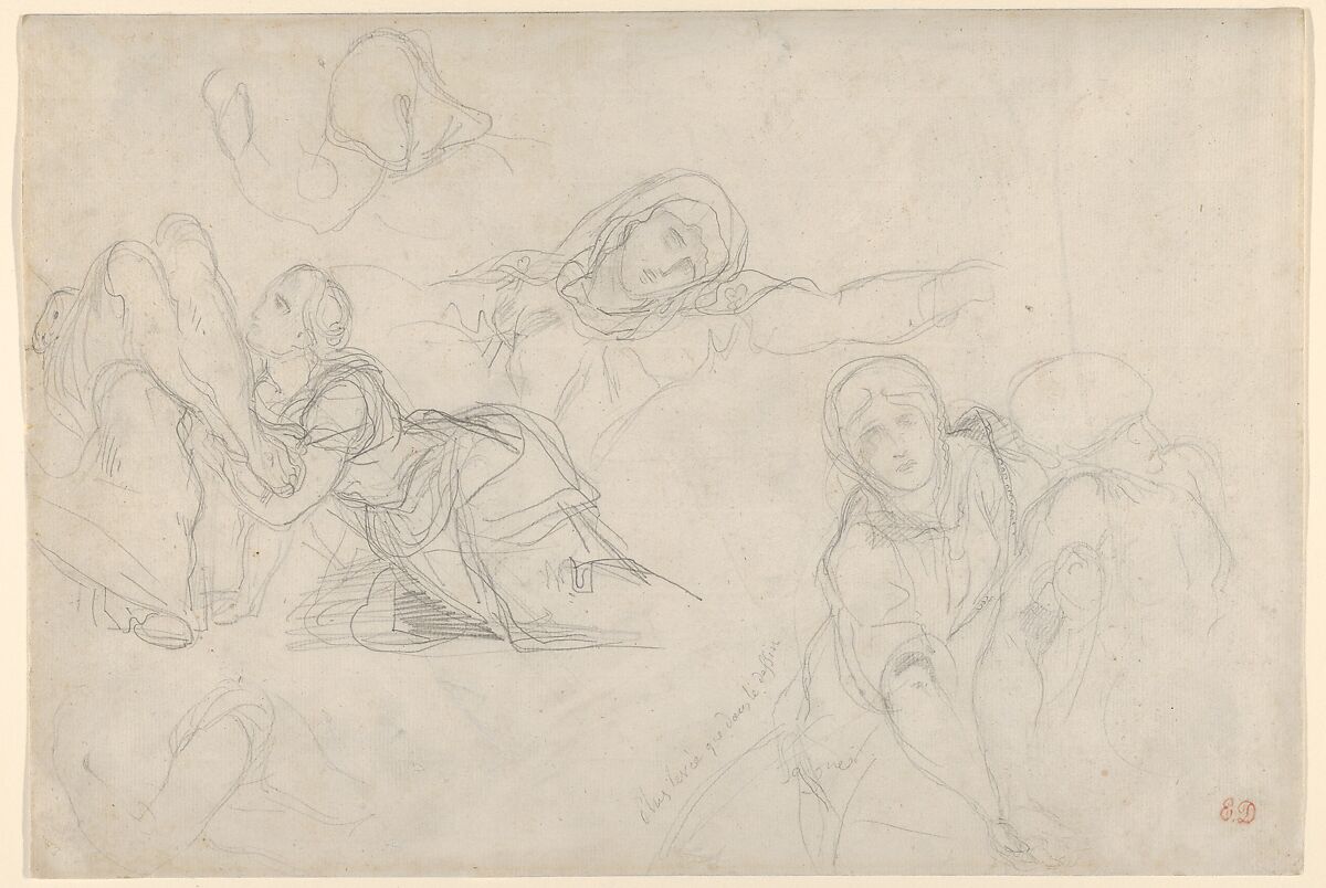 Studies of the Virgin and Holy Women for "The Lamentation", Eugène Delacroix (French, Charenton-Saint-Maurice 1798–1863 Paris), Graphite 