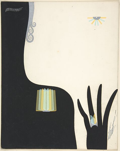Design for a Topaz Brooch and Ring, Erté (Romain de Tirtoff) (French (born Russia), St. Petersburg 1892–1990 Paris), Gouache and metallic paint 