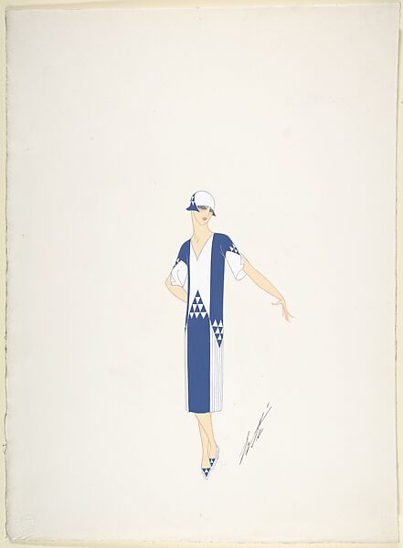 Design for Davidow, New York: Dress, Hat and Shoes in Blue and White, Erté (Romain de Tirtoff) (French (born Russia), St. Petersburg 1892–1990 Paris) 