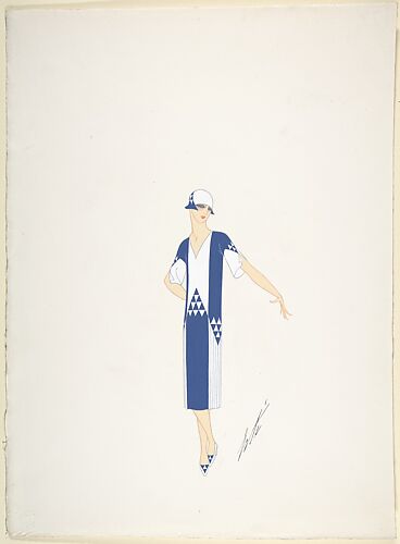 Design for Davidow, New York: Dress, Hat and Shoes in Blue and White